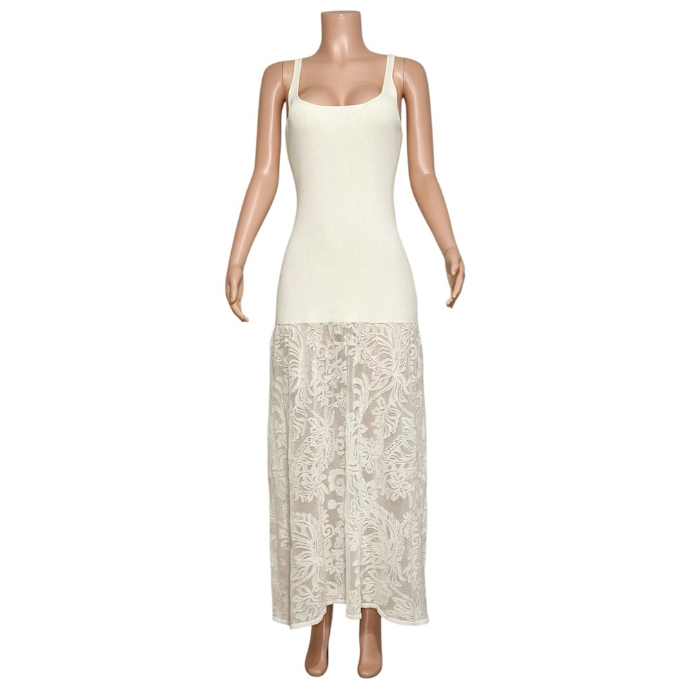 BEC & BRIDGE Rissa Ribbed Knit Dress W/ Mesh Lace Skirt, Ivory, Large - Picture 9 of 15